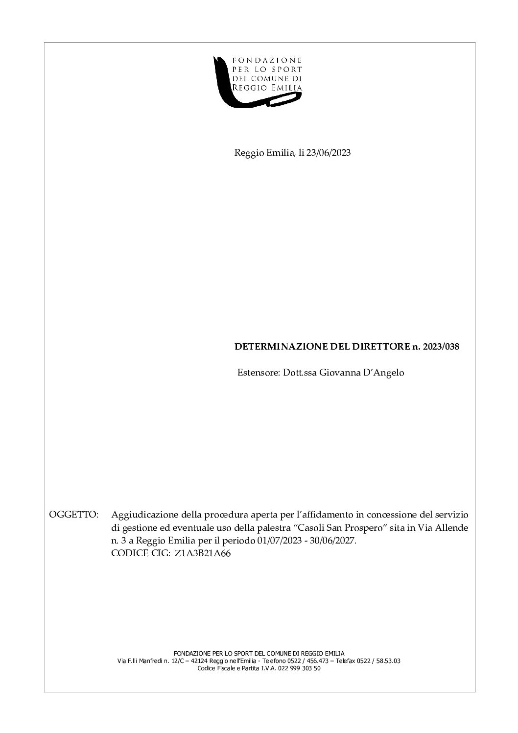 PROVVEDIMENTO DI AGGIUDICAZIONE